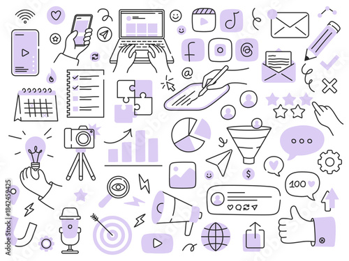 Social media and content creation icons set. Suitable for digital marketing and online communication. Vector linear illustrations isolated on a white background.