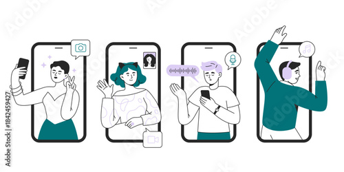 People interact with smartphones. Making a selfie, video chatting, sending an audio message, and listening to music. Vector illustrations in flat style isolated on a white background.