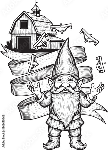 Engraved illustration of a gnome with a barn and ox yoke emblems