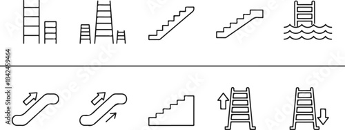 Set of black line icons with ladder, stairs and escalator on transparent