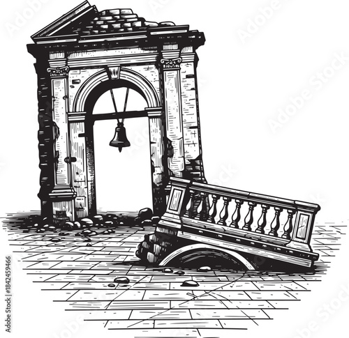Etching of Ruined Architectural Elements with a Bell and Fallen