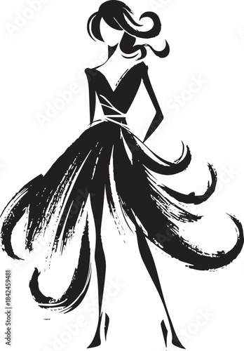 Fashionable Sumi-e style woman in brushstroke dress for fashion