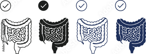 Human colon with checkmark health icon in black and blue outline and solid