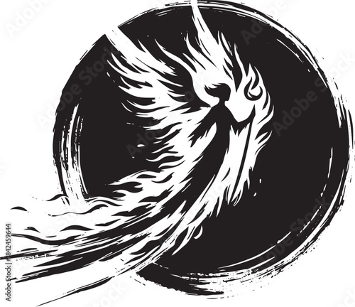 Minimalist sumi-e depiction of a fiery angel blazing across the