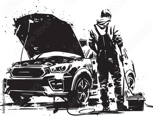 Monochrome illustration of a mechanic repairing a car with open