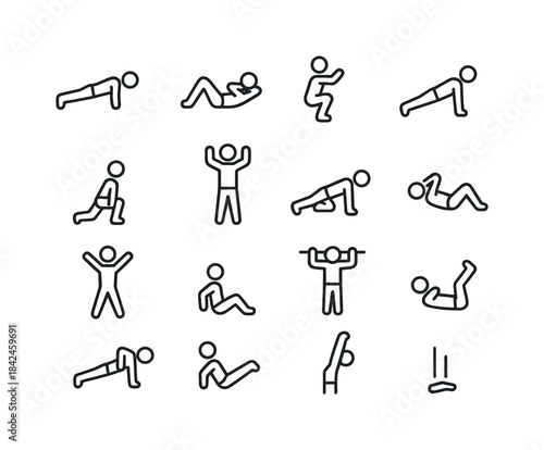 Bodyweight Exercise Icons. Bodyweight exercises. Line icon set o