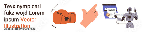 Sports, technology, finance, automation, artificial intelligence, conflict resolution. Boxing glove, hand gesture invoice robot. Conflict resolution and technology integration concept