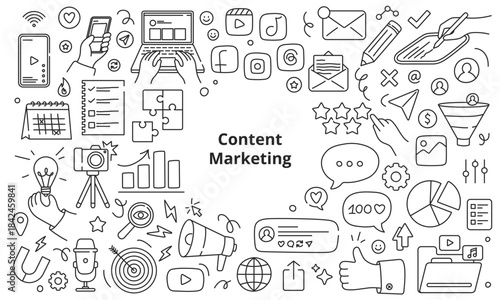 Content marketing concept. Suitable for social media and digital marketing. Vector linear illustrations isolated on a white background.