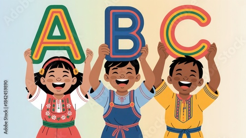 Three happy diverse children hold up large colorful ABC blocks suitable for educational advertising.