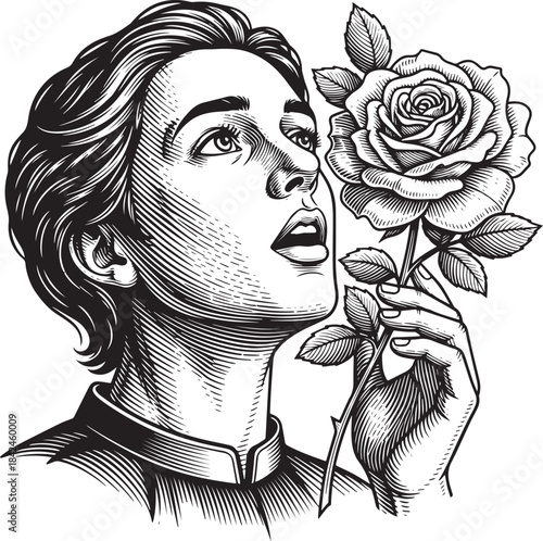 Engraved illustration of a thoughtful woman holding a single ros