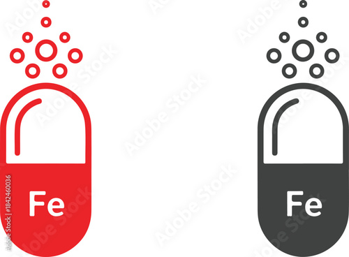 Iron Fe element capsules red and gray vitamin supplement icons