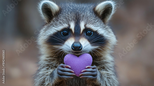 Raccoon holding a delicate purple heart representing love, affection, and care, showcasing wildlife charm and emotional connection for Valentine's Day