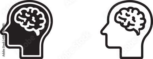 A simplistic black and white icon depicting a A simplistic black and white icon depicting a human head with a brain inside, representing thought and intellect
