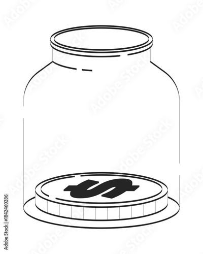 Single coin inside transparent glass jar doodle linear object. Insufficient money. Limited savings. Low income 2D vector outline clip art drawing isolated on white. Hand drawn sketch illustration