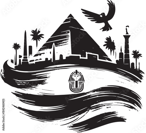 Stylized Egyptian landscape icon showcasing pyramids and pharaoh