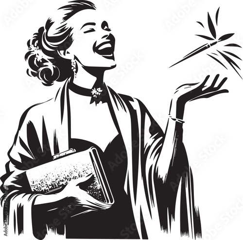 Elegant woman in monochrome catching sparkles at gala, minimal b