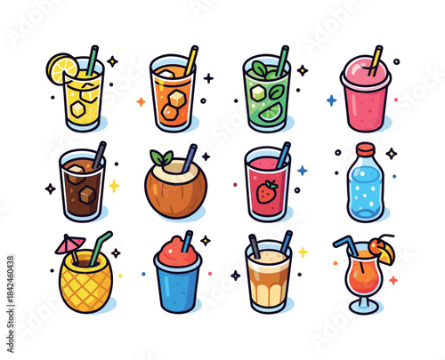 Summer Drink Icons. Summer drinks. Colorful isometric vector ico