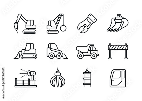 Demolition Equipment Icons. Demolition Equipment. Line icon set