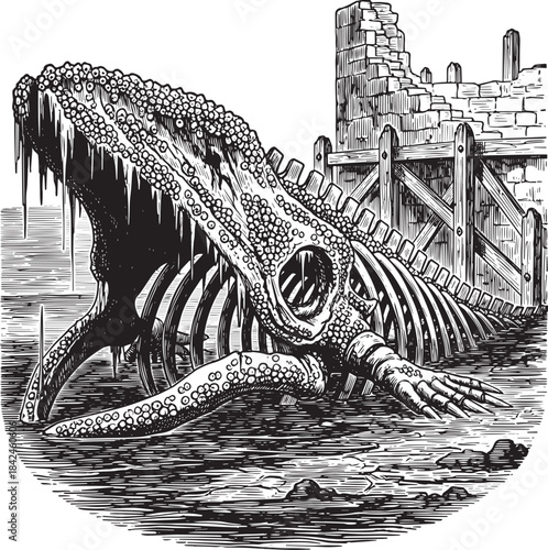 Engraved Illustration of a Fossilized Sea Monster in the Ruins o