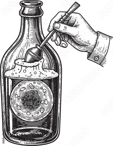 Brewing Potion: Hand Stirring Elixir in Engraved Style Illustrat