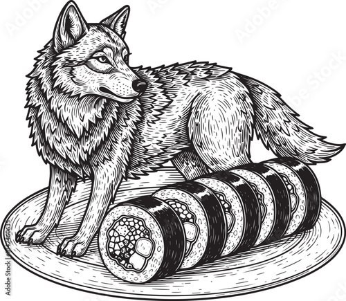 Engraved Wolf Guarding Sushi Rolls on a Plate, Illustration with