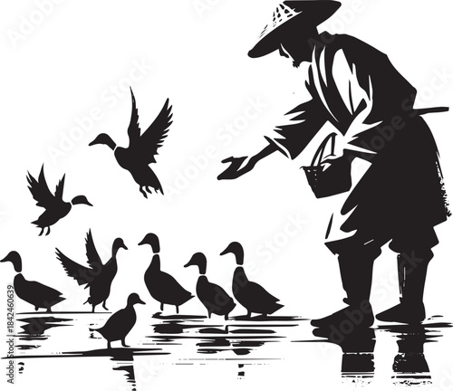 Serene Sumi-e Illustration: A Tranquil Scene of Man Leading Duck