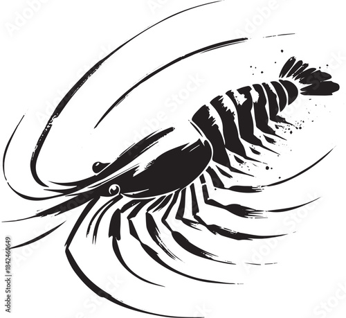 Elegant sumi-e style illustration depicting a krill marine anima