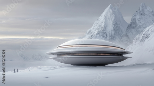 Sci-Fi UFO Above Ice-Covered Planet Surface