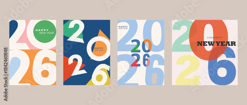 New Year 2026 logo design template set with numbers in blue, red, green, yellow and pastel colors. Elegant minimalist vector illustration for calendar, invitation, greeting card, banner, poster.