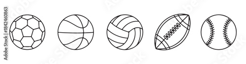 Set of five different sports balls in outline style including soccer basketball volleyball football baseball