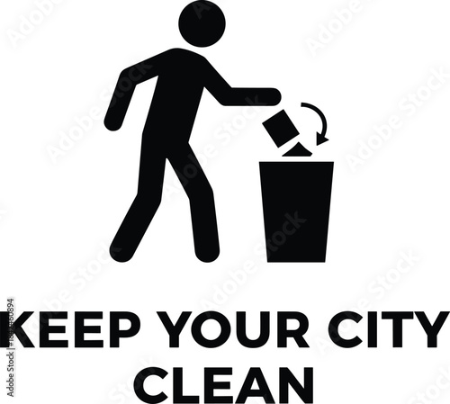 A simple black vector icon depicting a person disposing of litter into a trash can, accompanied by the text "Keep Your City Clean" for public awareness.
