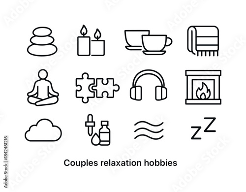 Couples Relaxation Icons. Couples relaxation hobbies. Line icon