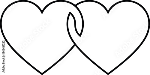 A continuous single-line drawing illustrating two interlocking hearts, symbolizing concepts of love, romance, marriage, relationship, connection, and eternal partnership or union.