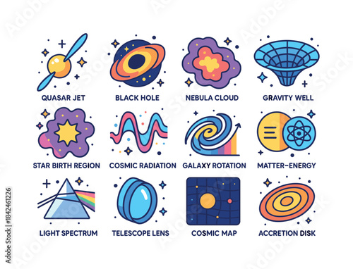 Colorful Astrophysics Icons. Astrophysics. Colorful isometric ve
