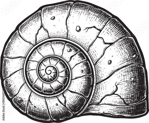 Monochrome Engraving of a Spiraling Seashell with Detailed Textu