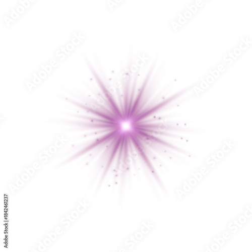 Pink sunlight lens flare, sun flash with rays and spotlight. Glowing burst explosion, vector	
