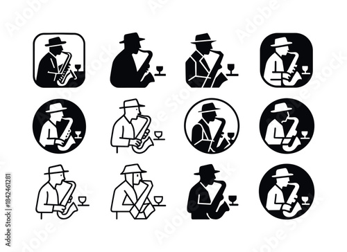 Jazz Saxophone Logo Variations. A jazz musician playing a saxoph