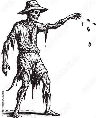 Engraved Illustration of a Grim Reaper Figure with Hat and Seeds