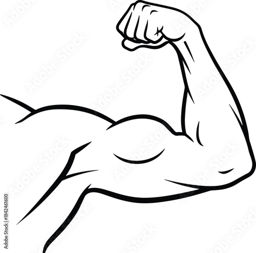 A black and white line-art illustration of a muscular arm flexing its bicep, symbolizing strength, health, fitness, power, and physical exercise or training.