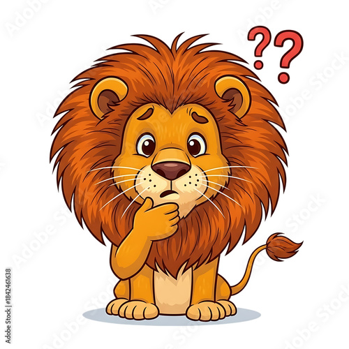 Thinking lion cartoon character with question mark