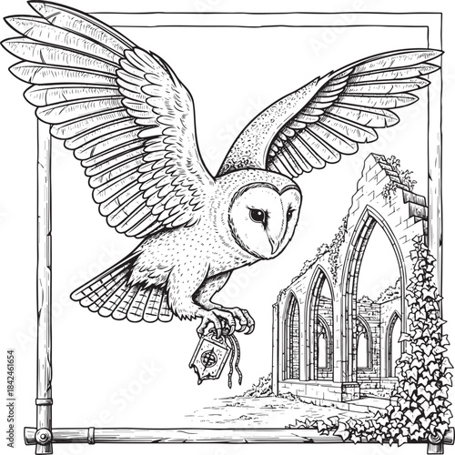 Monochrome Engraving of Barn Owl Flying With Celestial Amulet Ne