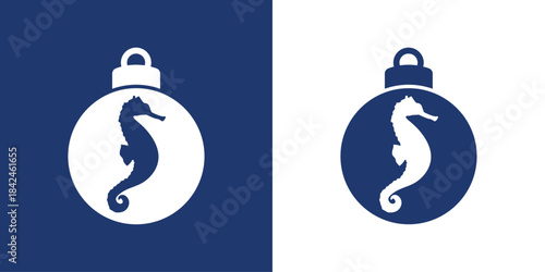Logo nautical. Silueta de bola de navidad con caballo de mar para tarjetas y felicitaciones de Navidad 