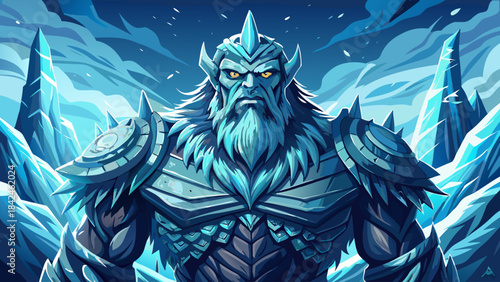 Very beautiful portrayal of a colossal ice giant from northern legends, featuring icy textures, towering form, dramatic cold atmosphere, and sharp vector detailing perfect for fantasy artworks and 