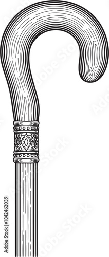 Vintage engraved illustration of a walking cane with decorated d