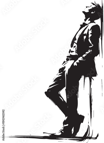 Monochrome brushstroke illustration of thoughtful man leaning on