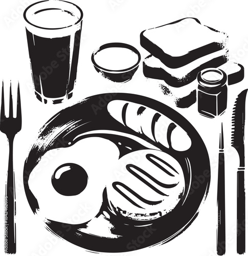 Stylized Sumi-e Illustration of a Hearty Breakfast with Black an