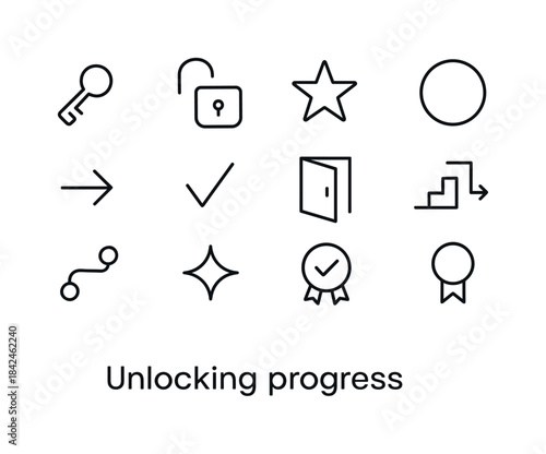 Progress Icon Set. Unlocking progress. Line icon set of Unlockin
