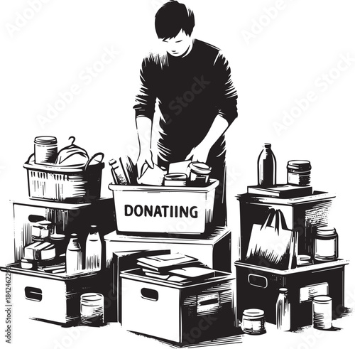 Sumi-e Illustration: Man Sorting Donations for Charity in Black