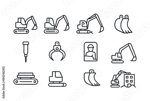 Excavator Icon Set. Excavator. Line icon set of Excavator: crawl