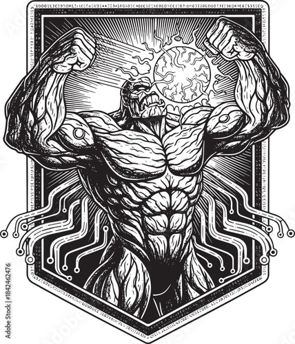 Monochrome etching illustration: Musclebound cyborg man with pow